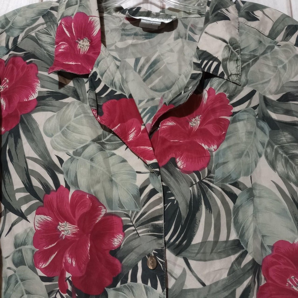 Dress Barn Woman 100% Silk Tropical Floral Button Down Shirt Red Green 2X - Picture 3 of 6
